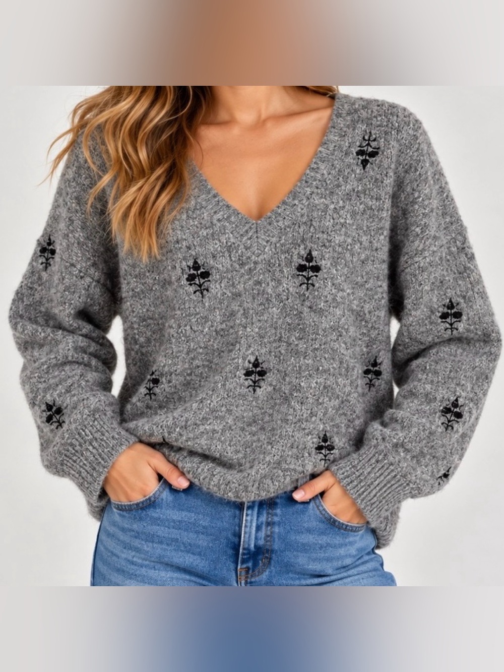 B.Young V-Neck Embroidered Gray Textured Women's Sweater NWT Med
